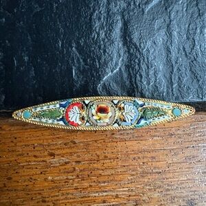 Brooch Vintage Italian Elegant Detailed Micro Mosaic Textured Gold Multicolored